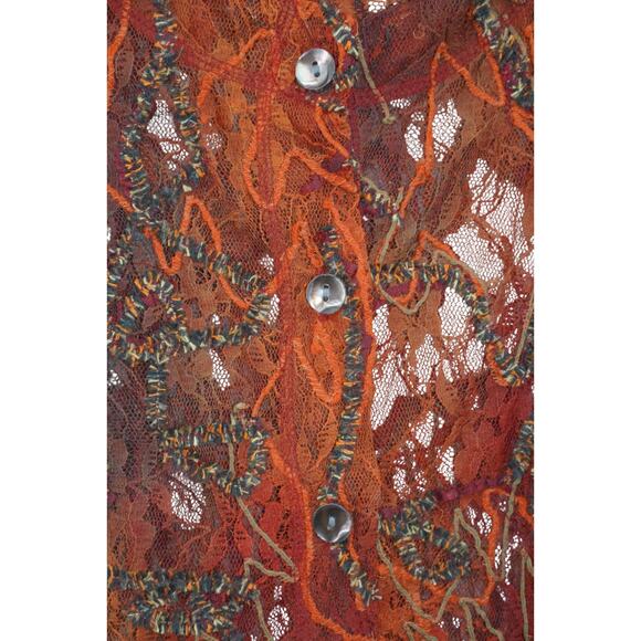 Vintage Sheer Burnt Orange Embroidered Lace Mesh Button-Up Top Boho Whimsy Goth - Picture 14 of 14